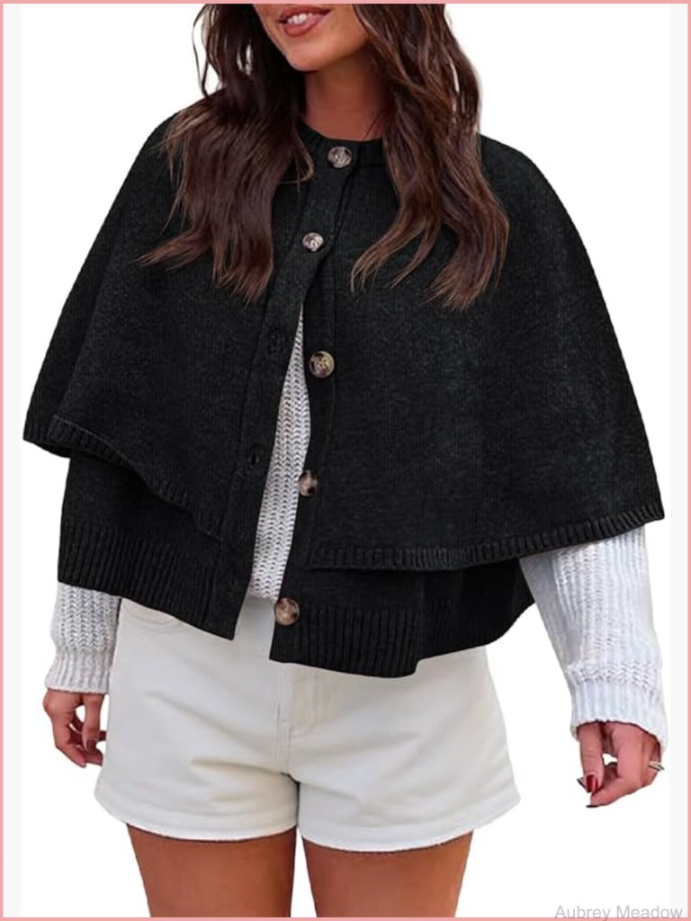 Cropped Cape Cardigan Button Up Crew Neck Knit Sweater Jacket Shawl Trendy